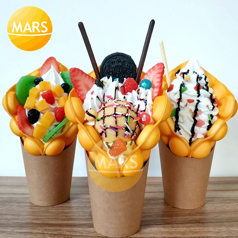 Simulación de Eggettes Puff Egg Bubble Waffle, modelo de muestra de postre, accesorios de exhibición, comida falsa, helado, huevo de fresa, modelo de Waffle