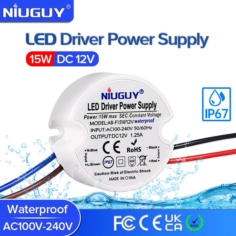 AC/DC Waterproof Transformers 12V Power Adapter IP67 Outdoor Waterproof Mini LED Driver AC 110-220V to DC 12V 15W for LED Strips