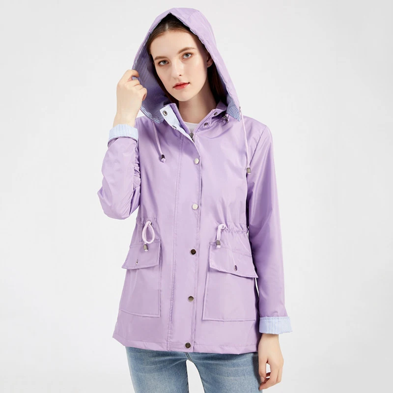 

2022 Women Elegant Coat Removable Cap Windbreaker Pocket Beam Waist Outdoor Outerwear Popular Long-Sleeved Coats Pure Style