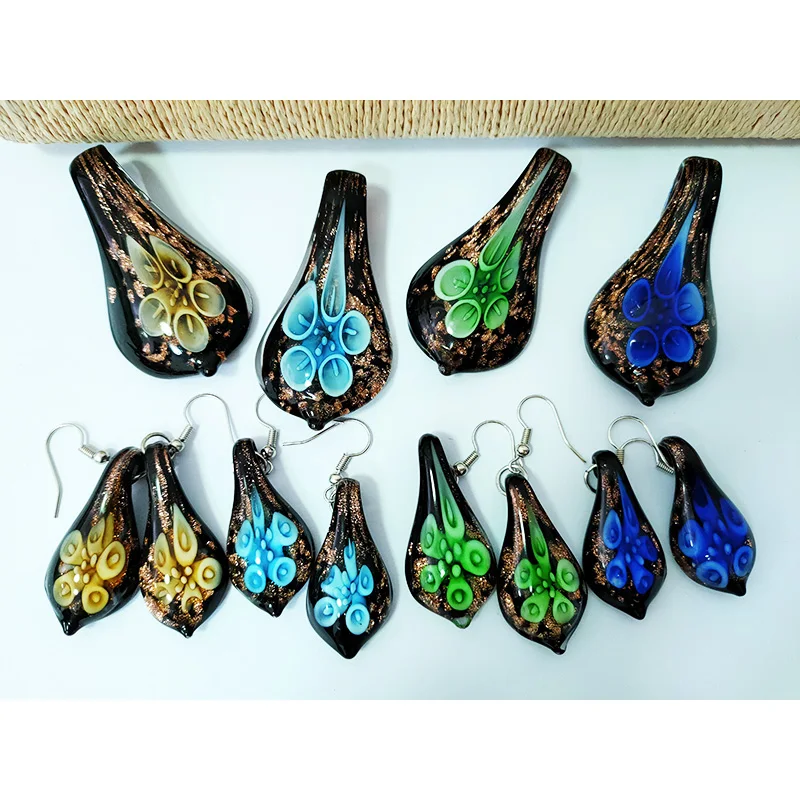 7 Sets Boho Mix Colors Fashion Murano Grass Flower Water Drop Pendant Necklace Earrings Jewelry Set For Women Blue Yellow Green