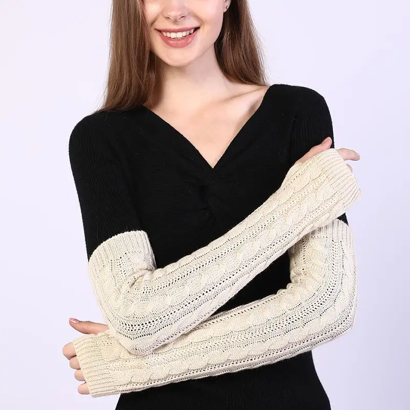 Figure 8 Twist Knitted Arm Sleeve Long Thermal Arm Sleeve Stretch Knit Fingerless Mittens Solid Color Classic Woolen Guard Arm