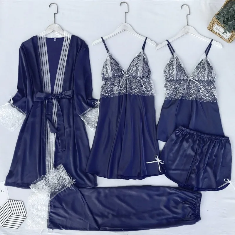 Satin Lace 5PCS Sleep Set Sexy Kimono Bathrobe Gown Female Robe Silky Nightwear Intimate Lingerie Casual Nightgown Sleepwear