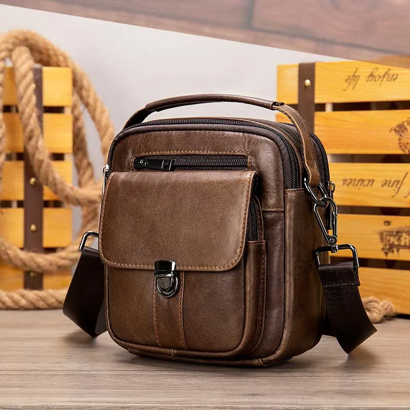 

Luufan Genuine Leather Men's Shoulder Bag Vintage Cowhide Double Zipper Pockets Multifunctional Messenger Bag Male Mini Handbag