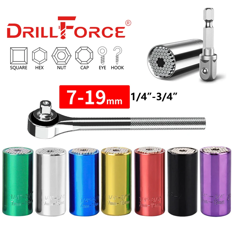 

Drillforce Universal Wrench Socket Head Set 7-19mm 1/4"-3/4" Torque Multifunctional Spanner Key Drill Adapter 3/8" Sleeve Tools