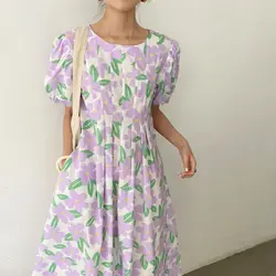 2021 Women Summer Round Collar Folds Long Floral Dress Puff Sleeve Slim Waist A-line Midi Sundress