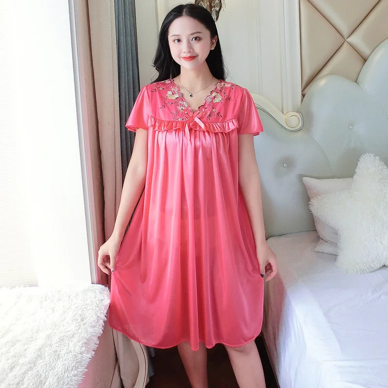 3XL Women Nightgown Summer New Sleepwear Sleep Dress Lace Loose Short Sleeve Nightdress Lingerie Silk Satin Home Dressing Gown