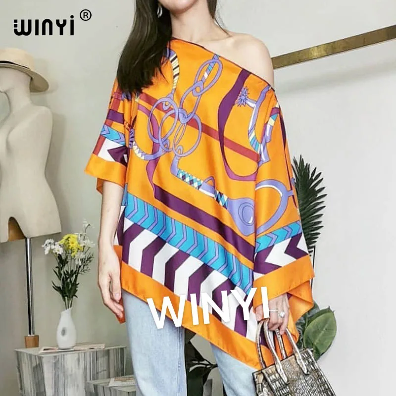 New Printed Middle East 2021 Silk Bohemian summer Beach top clothes Batwing Sleeve abaya Silk top dresses for women WINYI