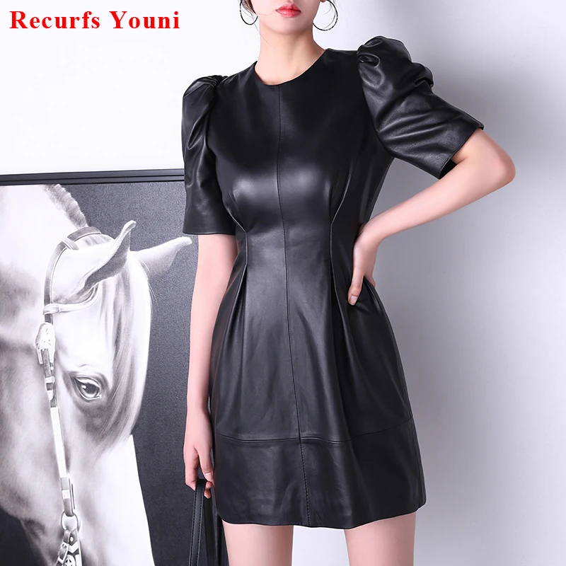 Women Genuine Leather Bodycon Dress Female 2024 New Fashion Puff Short Sleeve Fold Waist Midi Vestir Mujer Slim Sexy Robe