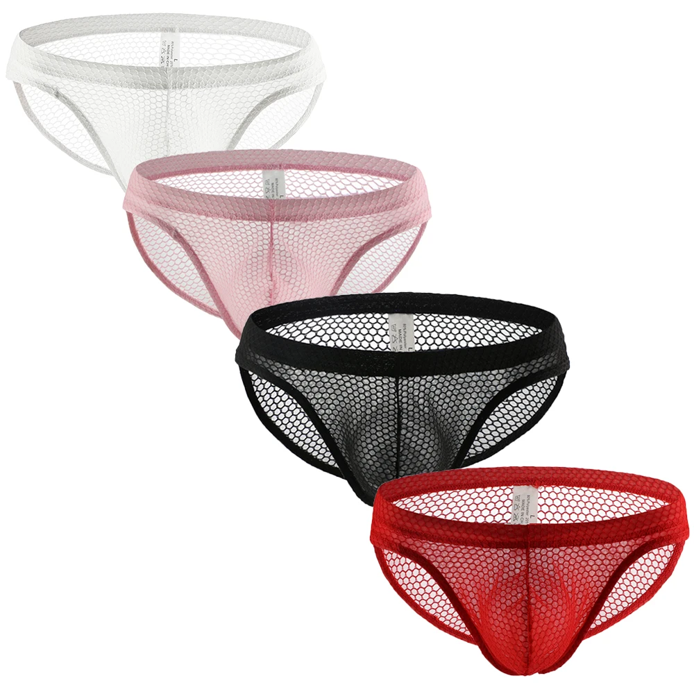 4PCS/Lots Sexy Men Mesh Briefs Jock Strap Lingerie Transparent Underwear Slip Homme Underpants Fishnet Sissy Gay Panties Bikini