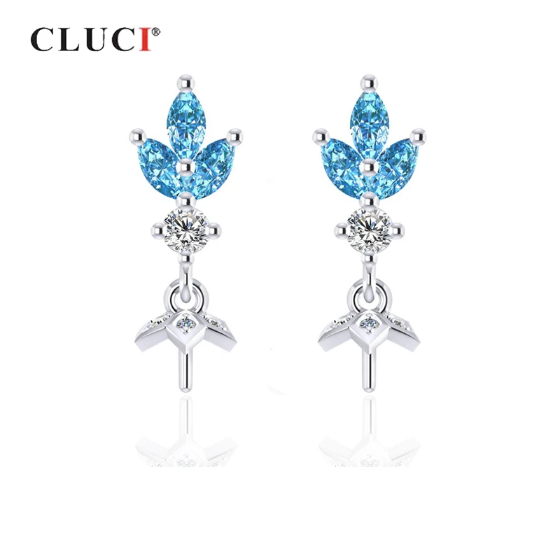 

CLUCI Blue 925 Silver Zircon Earrings For Women Engagement Silver 925 Pearl Mounting Wedding Jewelry Drop Earrings SE087SB