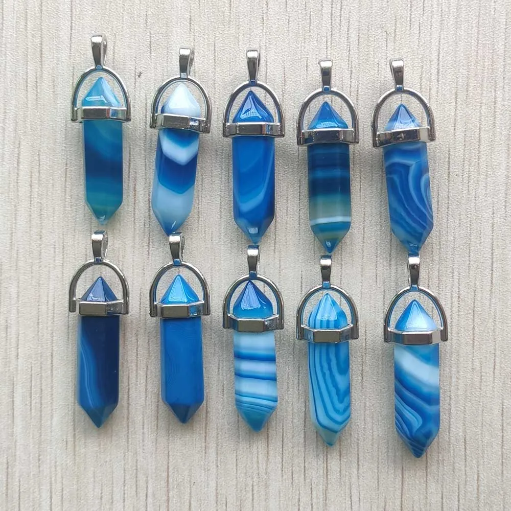 Natural Blue Stripe Onyx Fashion Pillar Shape Charms Pendants for DIY Jewelry Accessories Making Fast Shipping Wholesale 24pcs