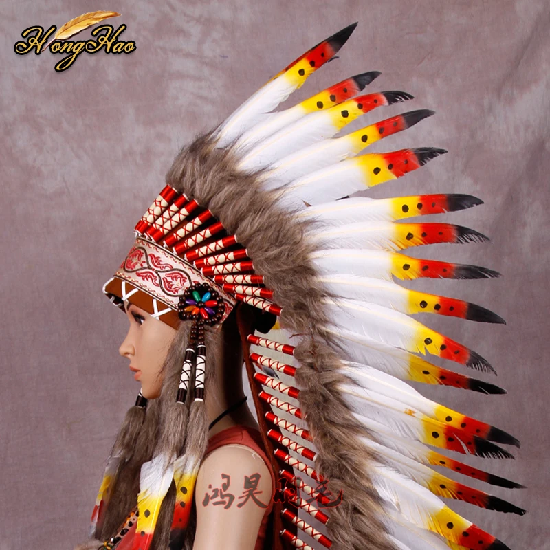 long Indian Feather headdress handmade red and black feather costumes handmade indian feather headdress war bonnet hat costumes