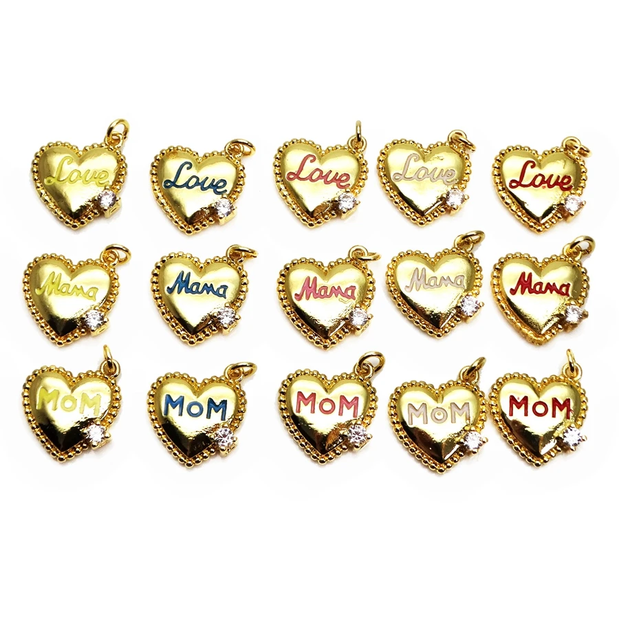 Heart shape MAMA letter small pendant Love MOM charms Drops paint micro zircon gold plated DIY bracelet earrings accessories