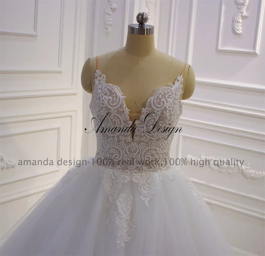 Amanda Design Spaghetti Strap Lace Applique Shiny Wedding Dress