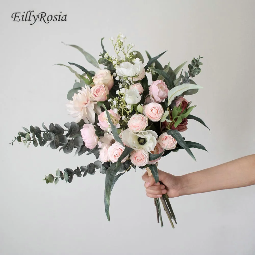 EillyRosia-ramo de novia rosa, flor artificial, eucalipto, peonía, flores de boda Para novia, Buque de novia Para casamiento