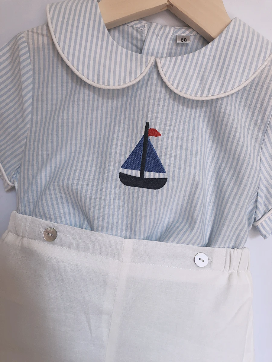 Children Boutique Clothing Set Toddler Boy 2Pcs British Style Short Sleeves Cotton Linen Striped Sailboat Embroidered Suit