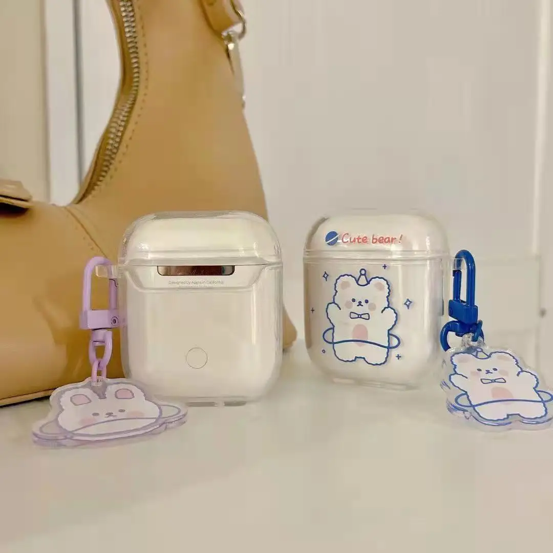 Kreskówka niedźwiedź królik przezroczysty przezroczysty miękkie silikonowe futerały dla Apple Airpods 1 2 Pro okładka Funda z pęku kluczy
