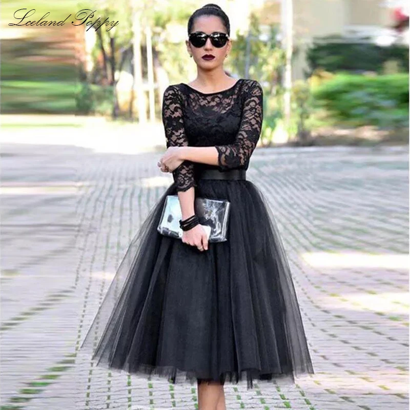 Lceland Poppy Customized A-line Vintage Scoop Neck Lace Cocktail Dresses Tea Length 3/4 Sleeves Tulle Party Formal Dress