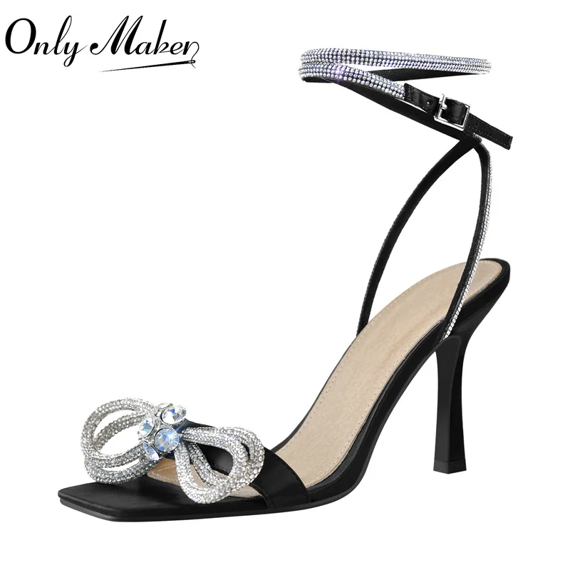 

Onlymaker Summer Women Shiny Ankle Strap Buckle Sandals Square Peep Toe Transparent PVC Crystal Butterfly-knot Thin High Heels