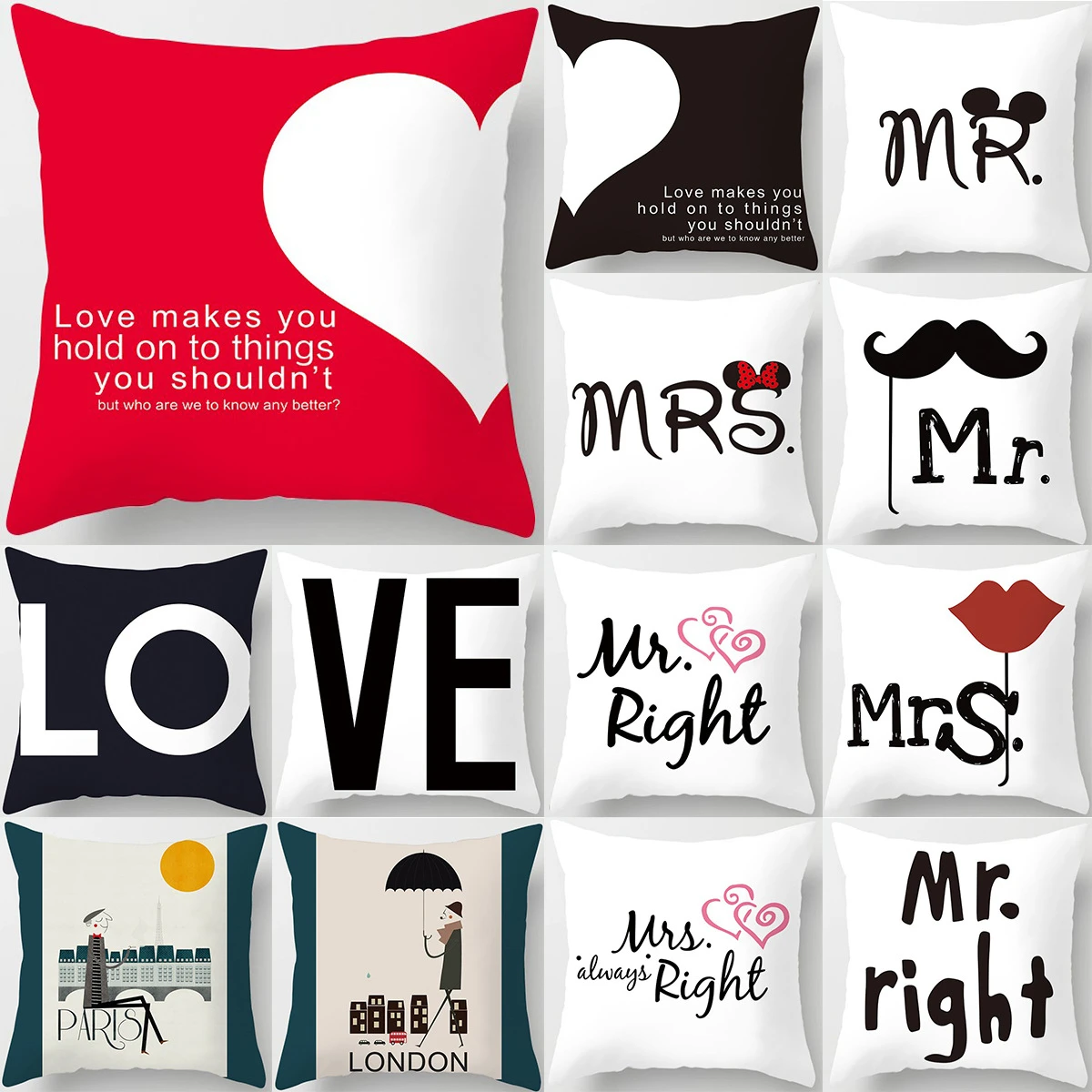 Love Couple Pillowcase Letter Mr and Mrs Decorative Pillows Valentine Sofa Couch Cushion Cover Home Decor Wedding Pillows Cover