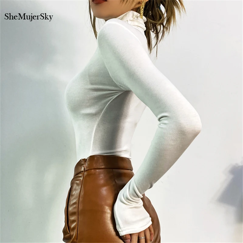 SheMujerSky Women Knitted Solid Color Turtleneck Bodysuit Tops 2021 Spring Autumn Long Sleeve Elastic Slim Jumpsuits