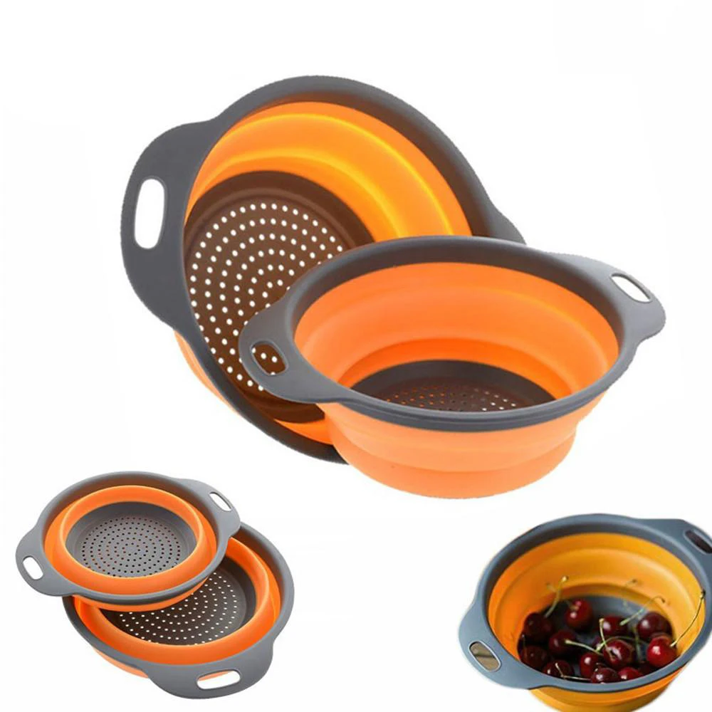 

Round Foldable Silicone Colander Fruit Vegetable Washing Basket Strainer Strainer Collapsible Drainer Handle Kitchen Bar Tools