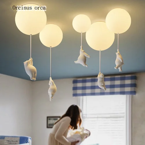 Nordic minimalist white bear ceiling lamp boy girl bedroom children's room lamp balloon romantic chandelier