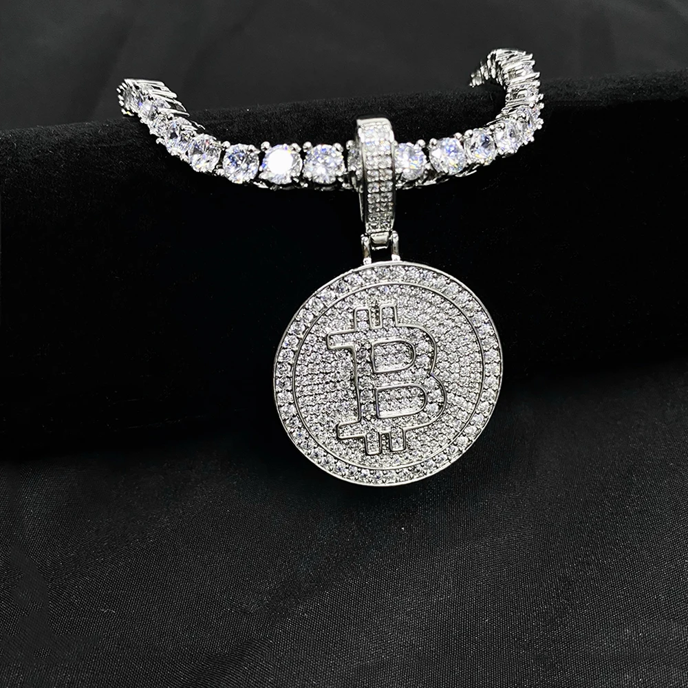 Bitcoin Iced Out Anhänger Halsketten Für Frauen Männer Gepflasterte Zirkon Stein Mit Kubanischen Kette Für Männer Frauen Hip Hop Schmuck Drop Shippin