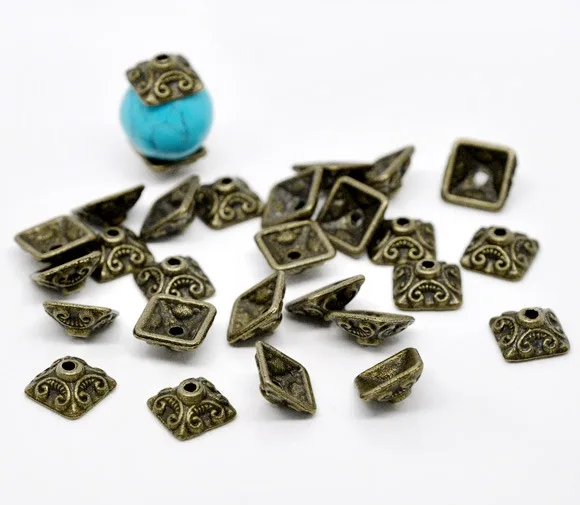 DoreenBeads Handmade Beads Caps Square Antique Bronze Color DIY Making Jewelry FIndings (Fits 9mm-14mm Beads) 10mm x 10mm,50PCs