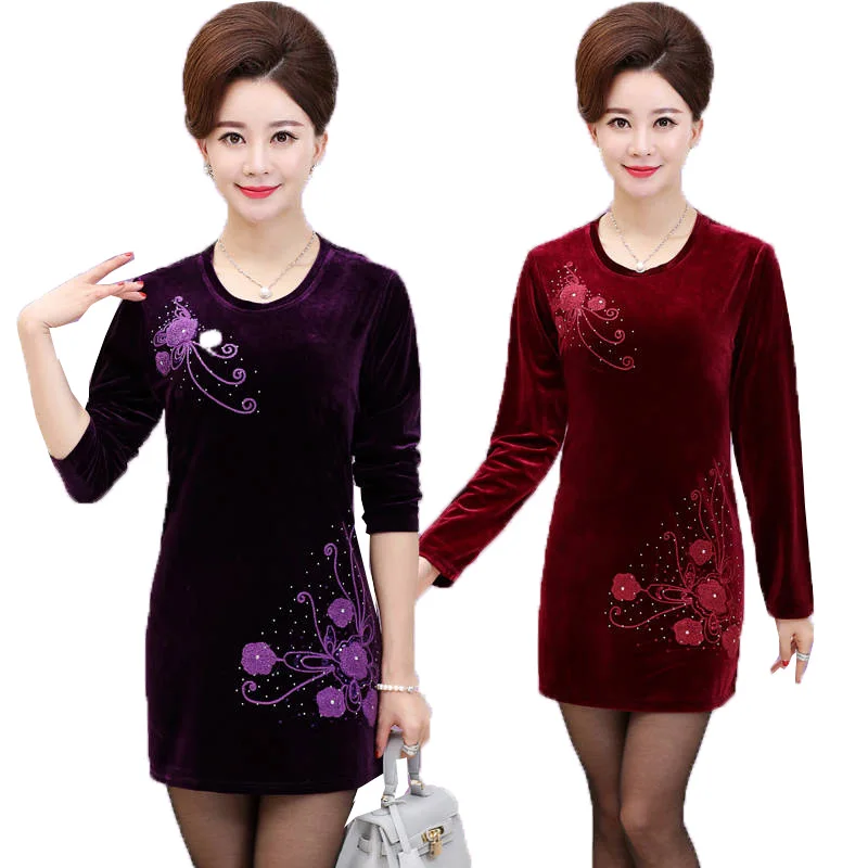 

Fashion Women's Dresses New 2022 Spring Gold Velvet Embroidery Bottoming Dress Middle Aged Woman Elegant Long Tops 5XL