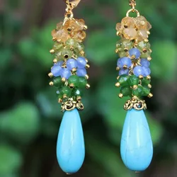 Multi Gemstone Cluster Earring.Blue Turquoise.Citrine.Peridot.Aqua.Emerald.Jade.