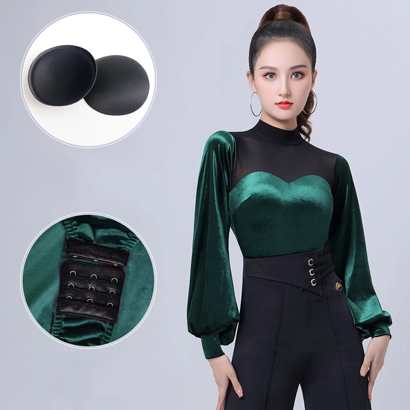 Ballroom Latin Dance Tops Women's New Warm Velvet Autumn And Winter Long-Sleeved Black New Fashion Lantern Sleeves Leotard