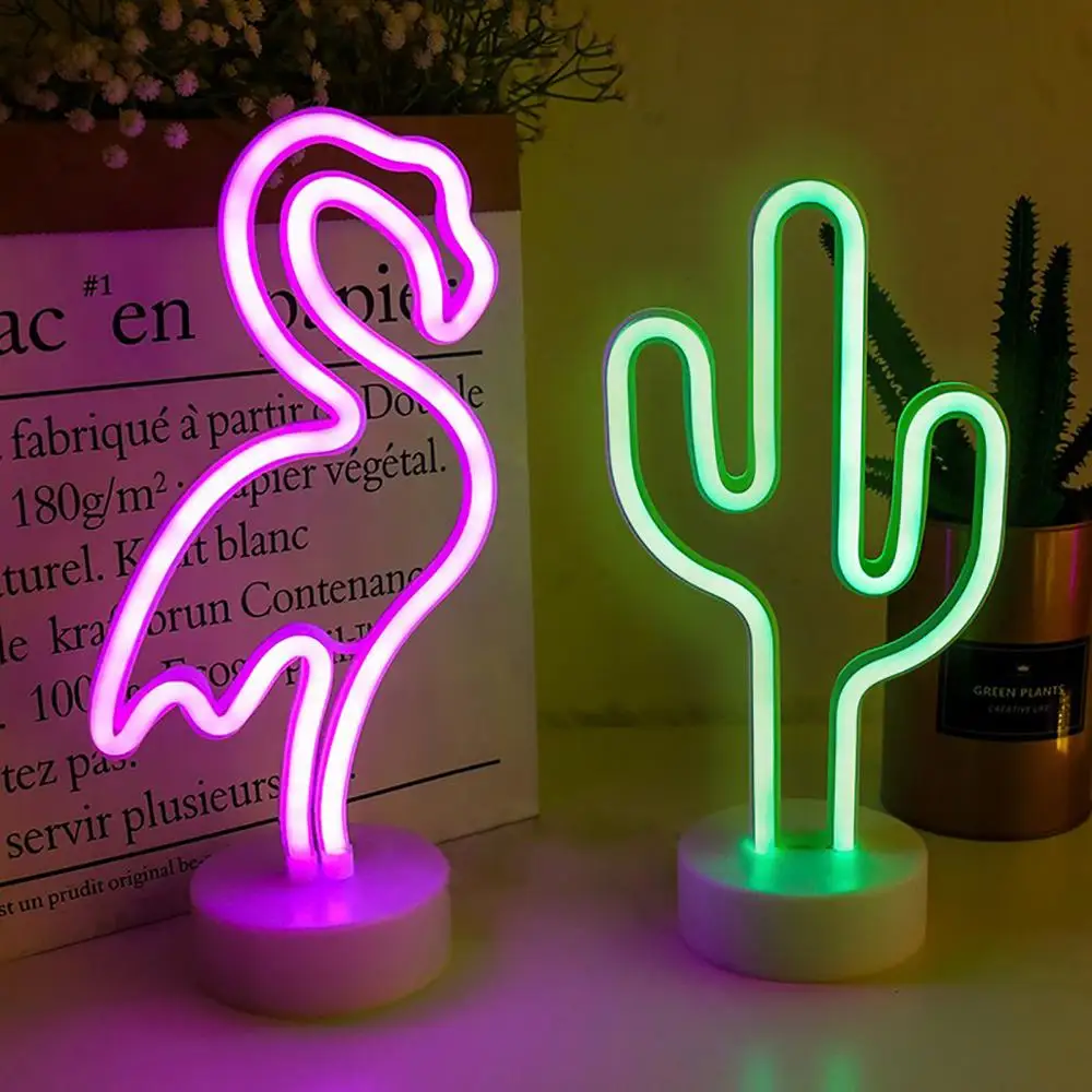 Battery/USB LED Neon Night Light Sign Flamingo Unicorn Coconut Tree Cactus Pineapple Table Lamp Kids Bedroom Christmas Art Decor