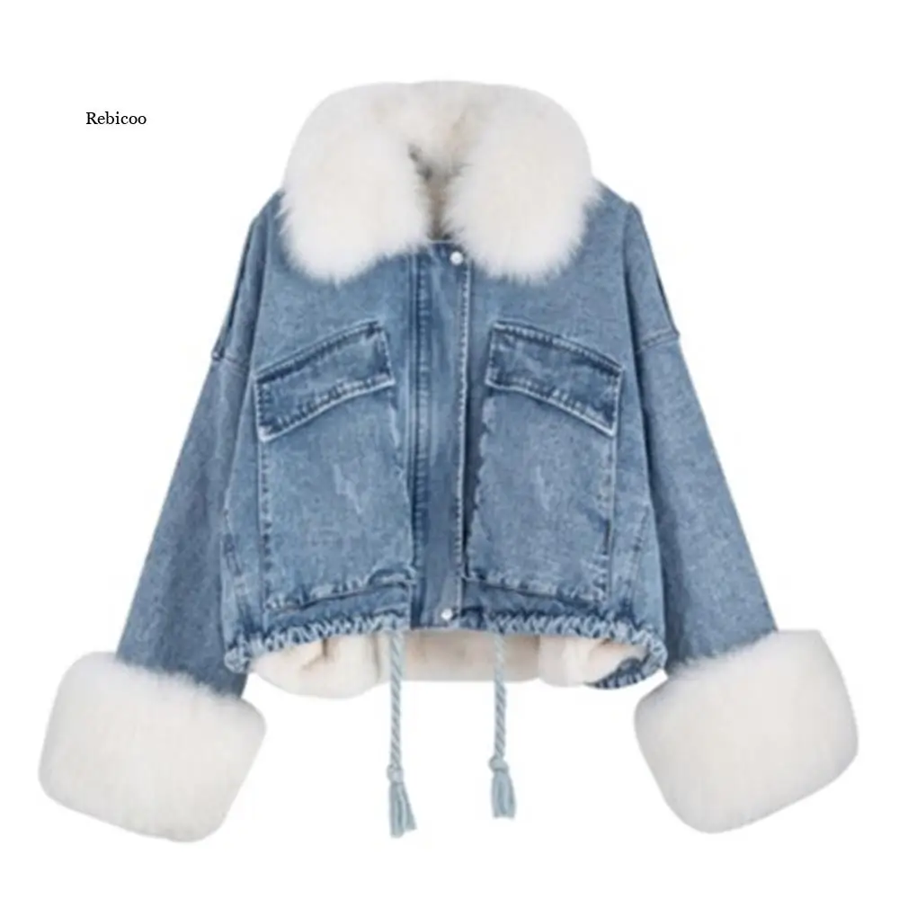 Autumn Winter Women Jacket Coat Warm Faux Fur Short Jean Jackets Ladies Fashion  3xl Denim Outwear Thicken Clothes