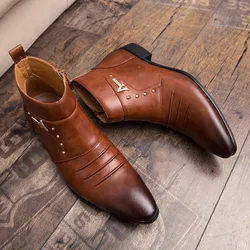 British Style Men Ankle PU Leather Boots Pointed Toe Business Wedding Men Dress Shoes Metal Decorated Men Office Boots