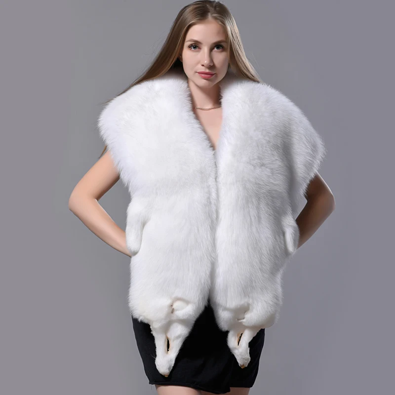 

Natural Fox Fur Vest Luxury Women Winter Jacket Warm Fluffy Elegant Shawl Female Party Cape