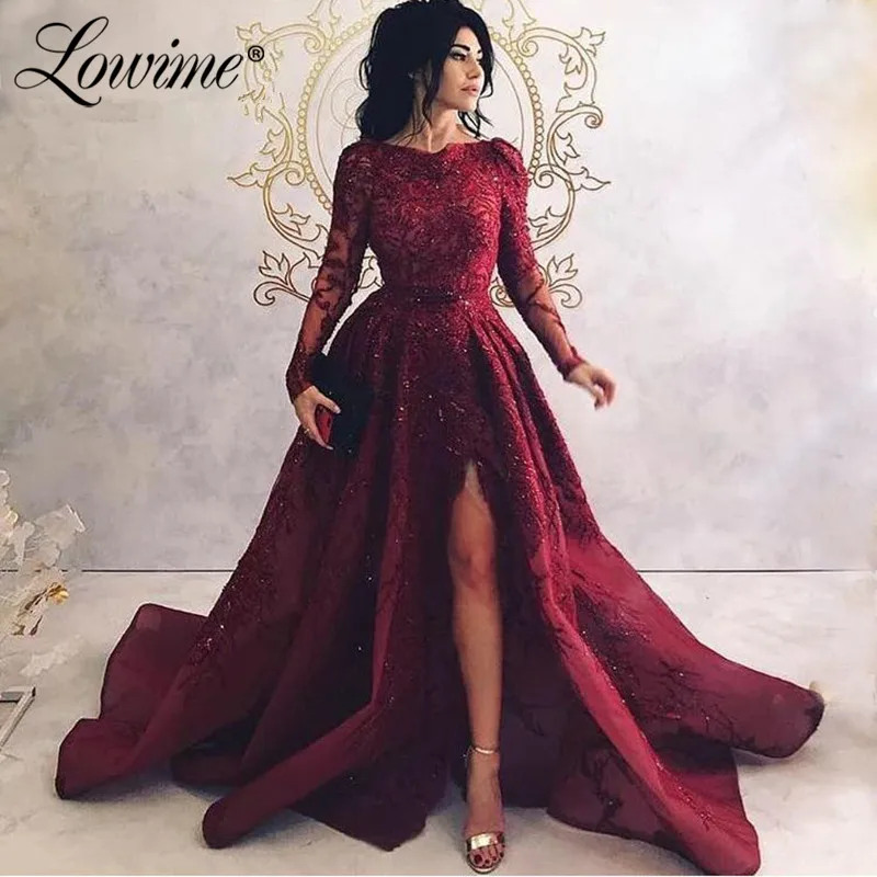 Turkish Saudi Arabic Evening Dress With Long Sleeves Custom Applique High Split Side Long Prom Dresses 2020 Abendkleider Party