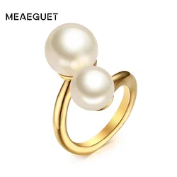 Meaeguetファッションゴールド色模擬パールリング女性のためのアクセントバイパスオープンステンレス鋼パーティージュエリー