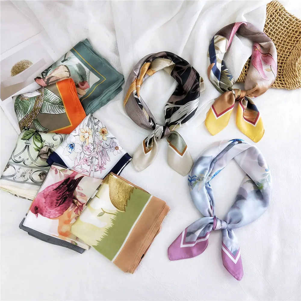 

70CM Square Shawls Satin Silk Scarf For Women Novelty Flower Animal Printing Spring Autumn Top Quality Neckerchief Bandana