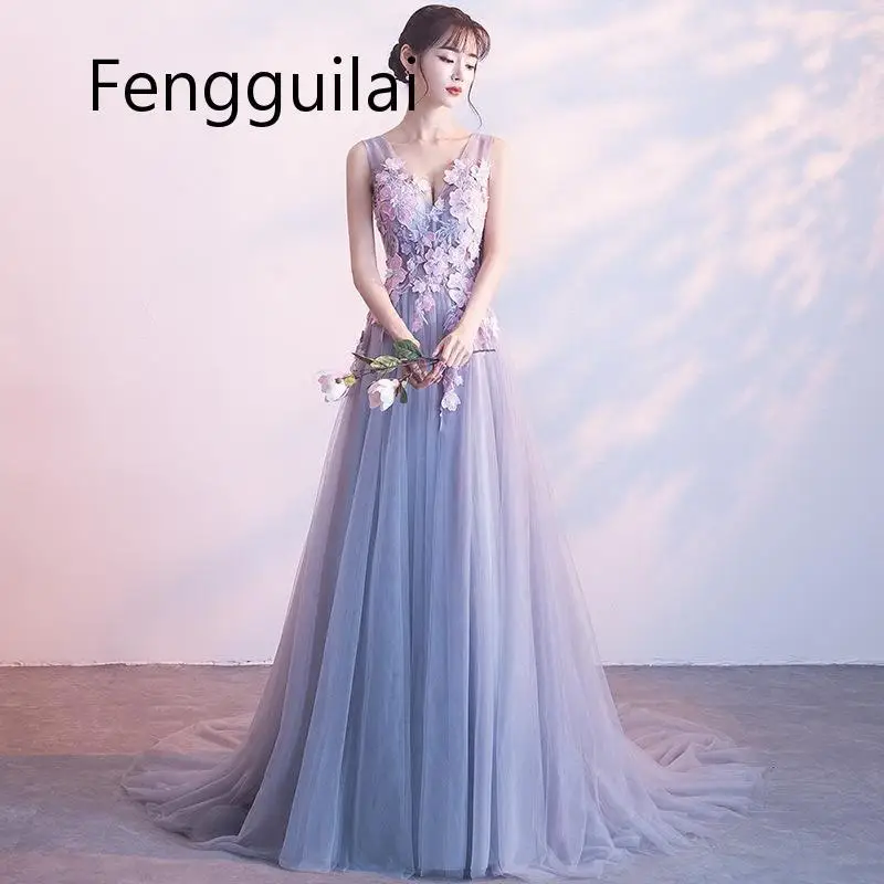 

FENGGUILAI Party Dress 2020 New Summer Elegant Trailing Dress Sexy V-neck Women Dress Floral Appliques Bandage Dress Long Dress