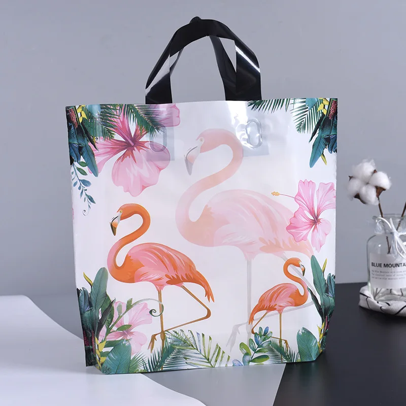 50pcs Flamingo Pattern Plastic Shopping Bag Thicken Clothing Package Bags ift Packaging Bag with Handle Party Supply Pouch