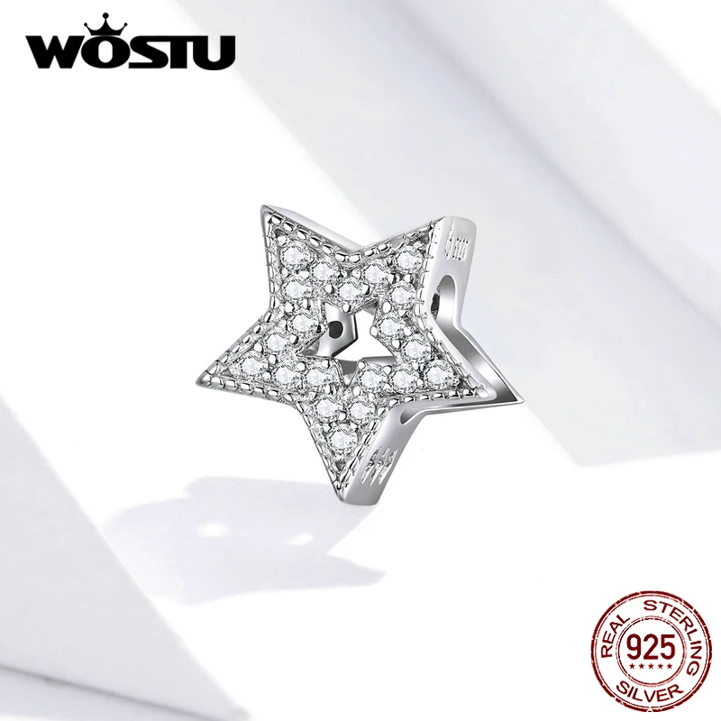 WOSTU Shiny Zirconia Charm 100% 925 Sterling Silver Heart Star Round Bead Pendant Fit Original Bracelet DIY Jewelry Accessories