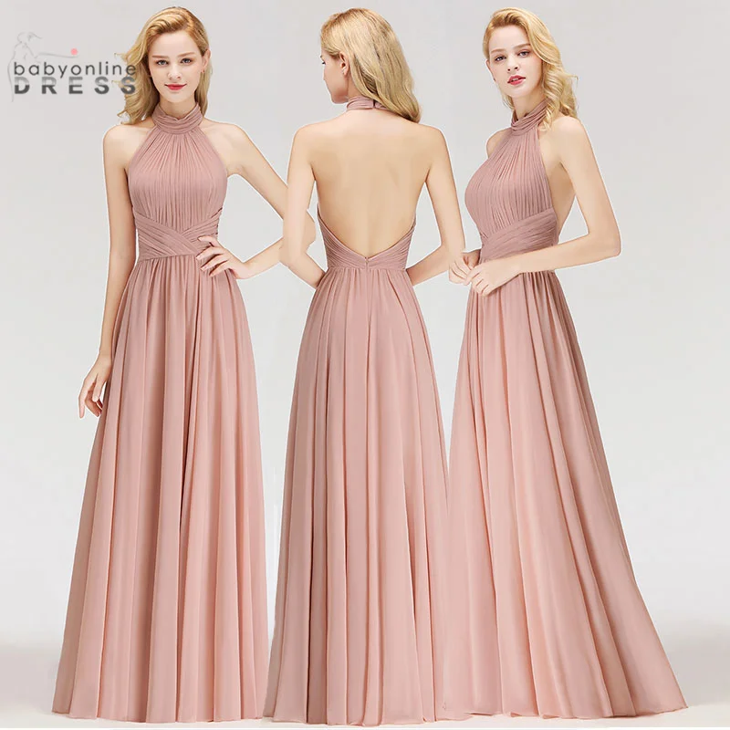 Staubigen Rosa Halfter Abendkleider 2022 Lange Frauen A-linie Chiffon Ärmellose Sexy Backless Formales Abschlussball-partei-kleid roben de soirée