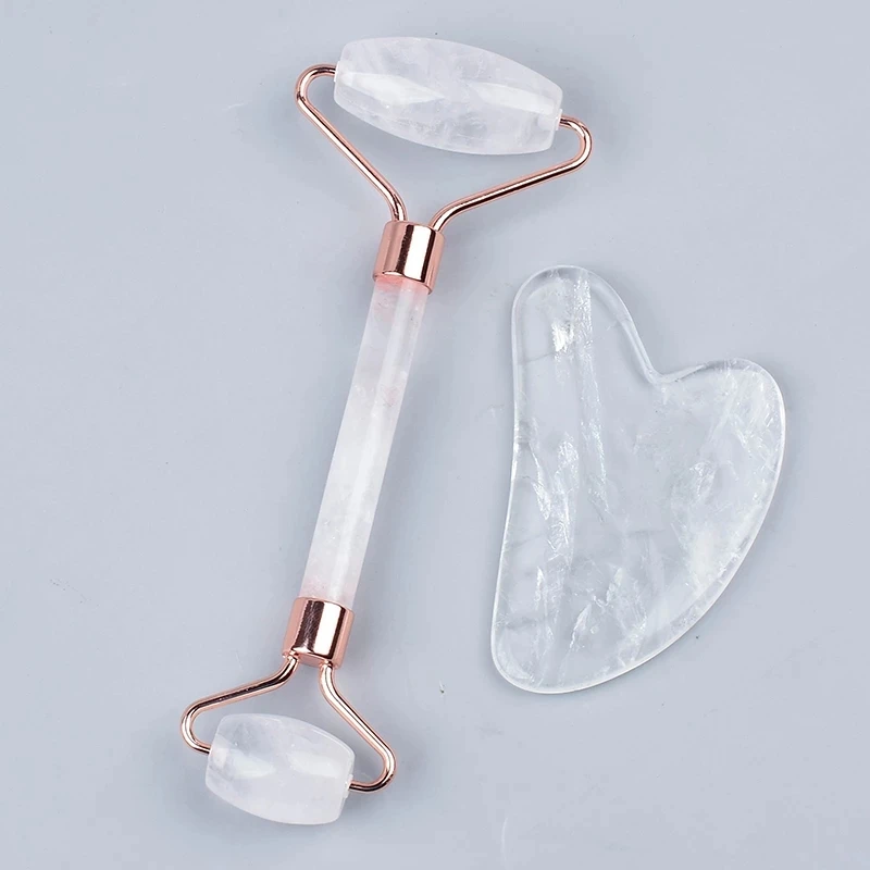 Massageador facial gua sha com pedra de cristal, rolo massageador anti-celulite em quartzo, para cuidados com a pele, ferramenta de massagem para rosto, proteção facial