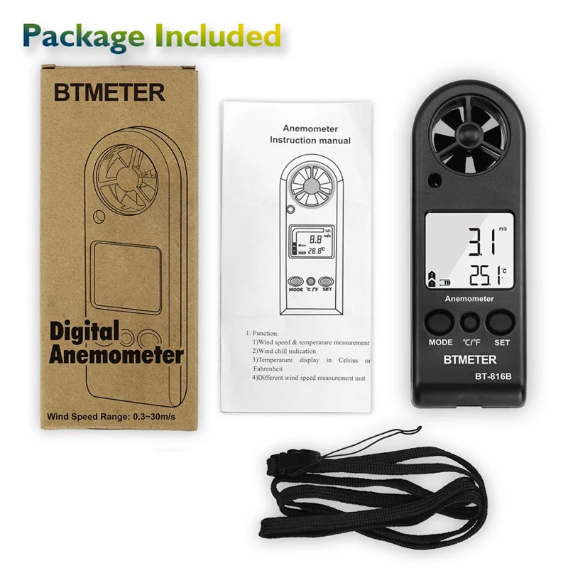 Anemometro portatile 2PCS BT-816B, misuratore di velocità del vento, sensore del vento, anemometro dell\'aria del Tester della velocità dell\'aria per