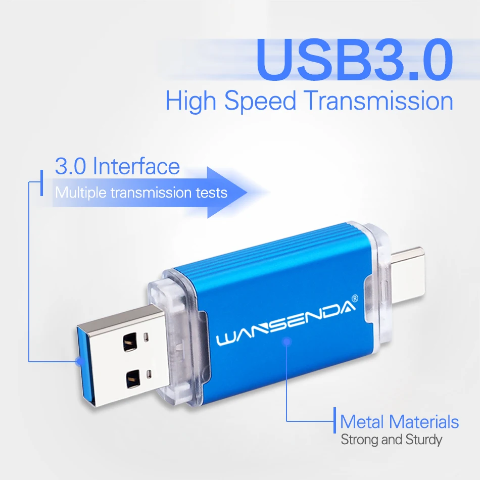 WANSENDA 2 in 1 TYPE-C USB 3.0 Flash drives 512GB 256GB 128GB 64GB 32GB Pen Drive for Android/PC External Storage Memory Stick