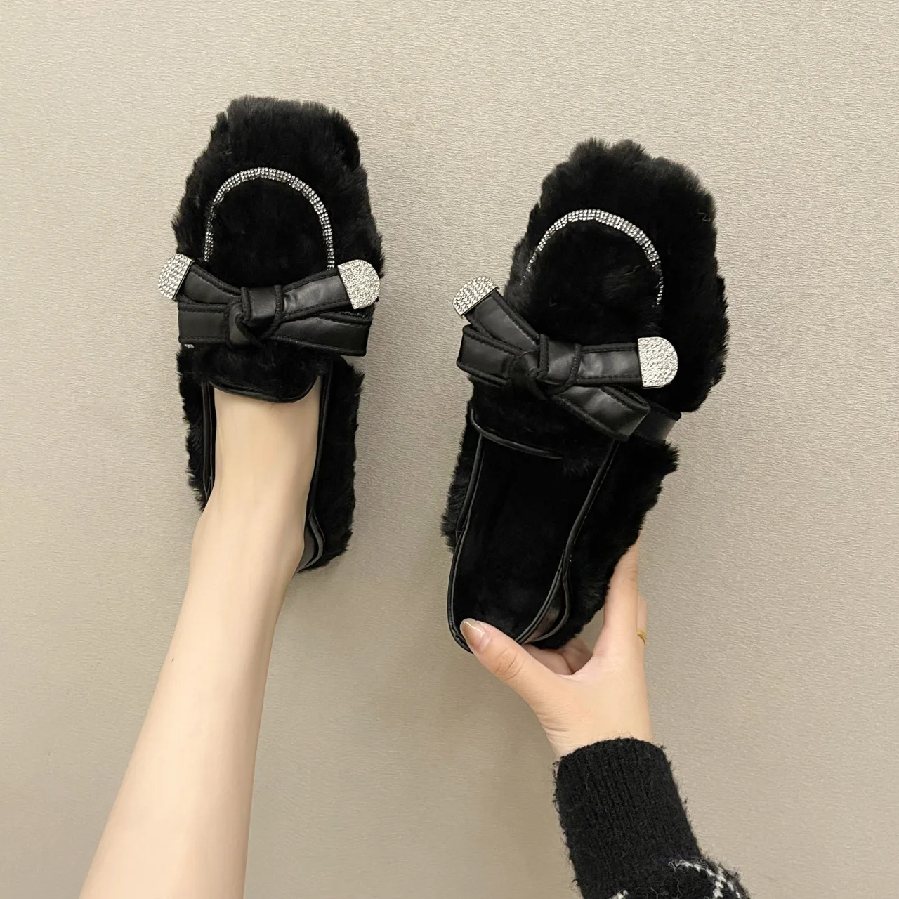 Woolen Shoes Women Wear 2021 Autumn and Winter New Rhinestone Fairy Bow and Velvet Lefu Shoes, Versatile Warm Cotton Shoes Women