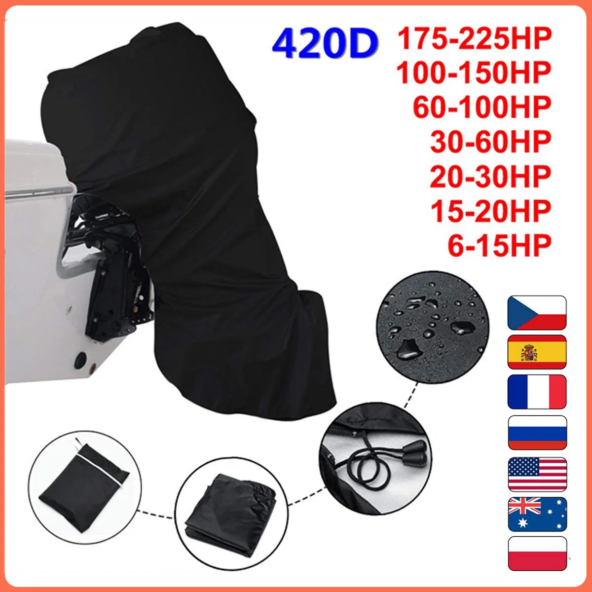 420D 6-225HP Boat Full Outboard Engine Cover Protection Waterproof Sunshade Dust-proof For 6-225HP Motor Black