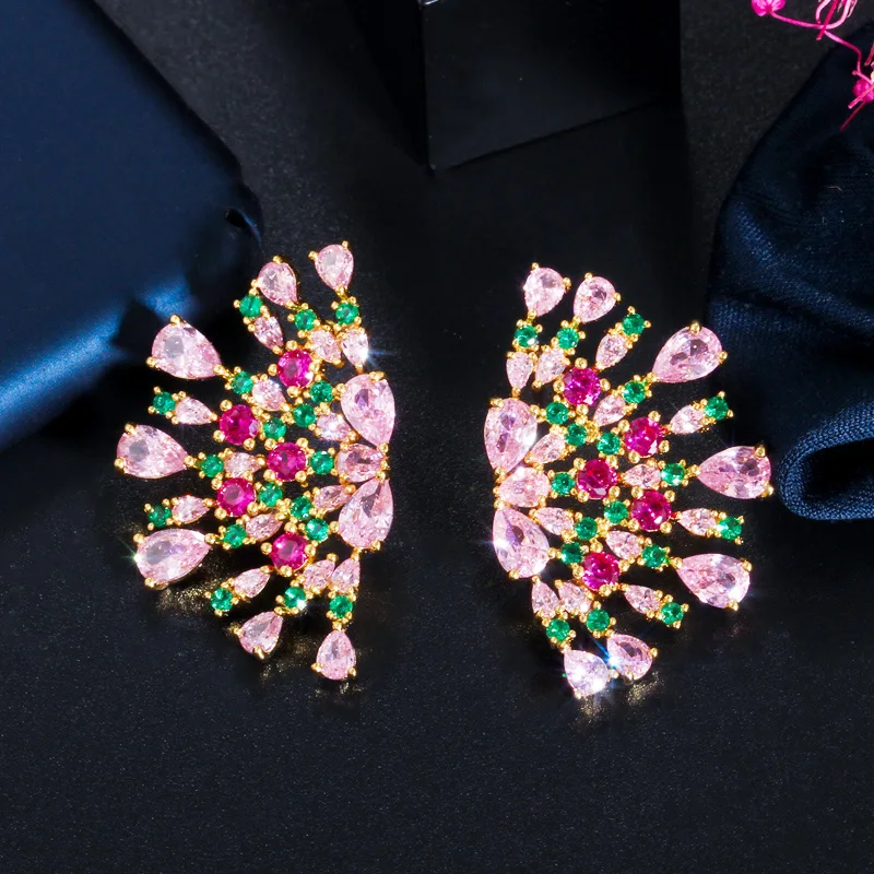 CWWZircons Symmetrical Punk Flower Green Pink Cubic Zirconia Large Stud Earrings for Women Luxury Jewelry Accessories CZ705