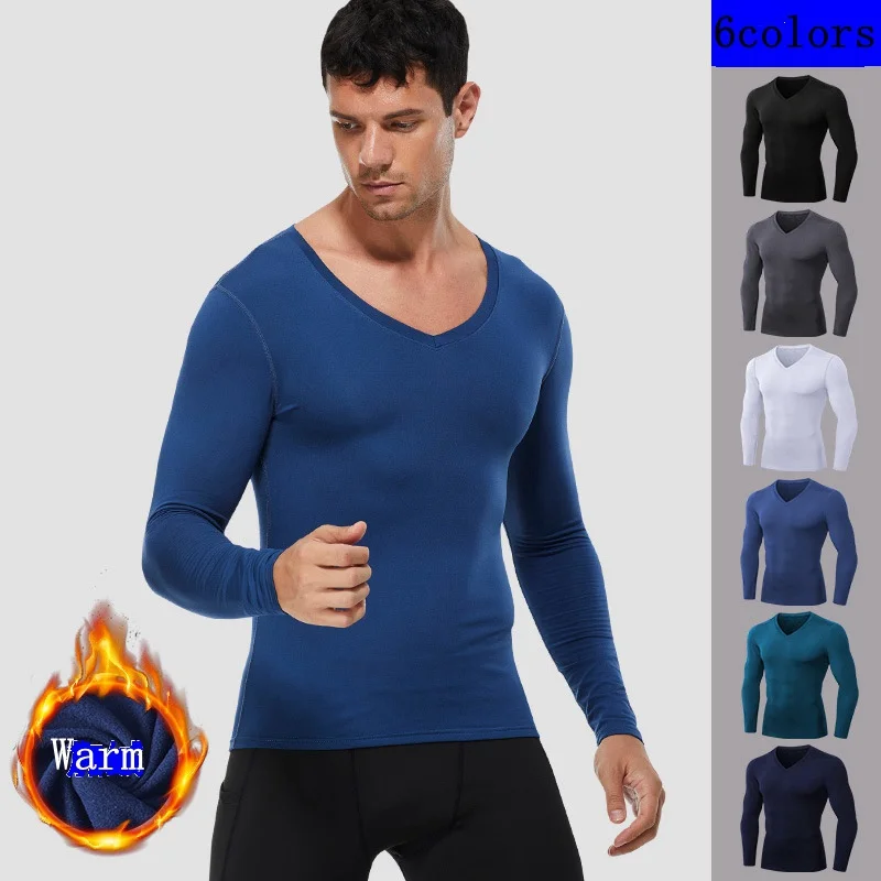 

V-neck Shirt Fitness Winter Men's Long-Sleeved Gym fitness long sleeve Tight Quick-Drying Running Shirt Sport Top Gym Clothing